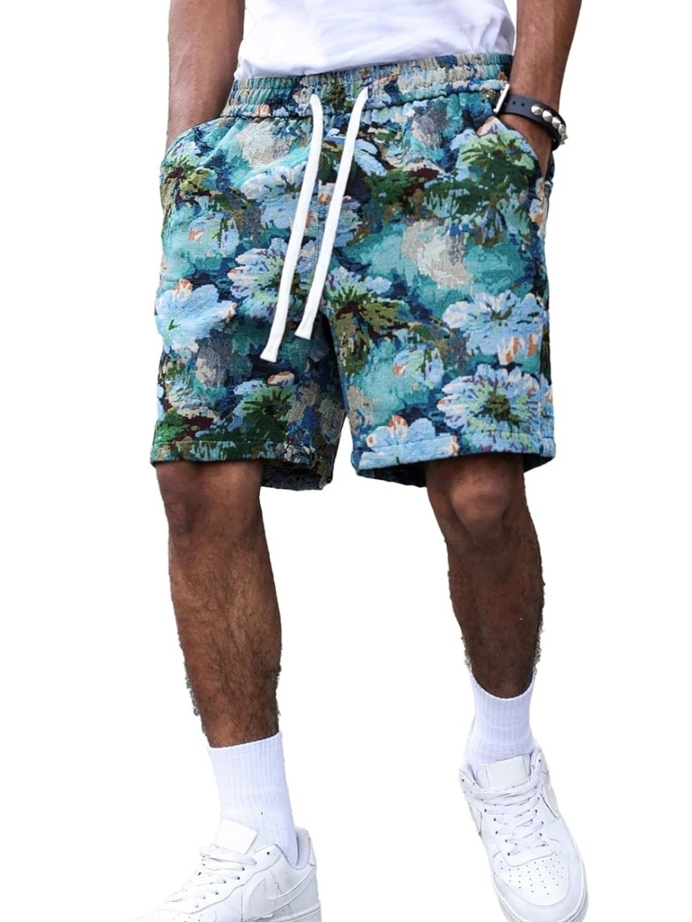Men's Teal Floral Drawstring Athletic Shorts